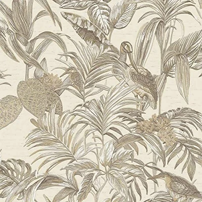 Image of Sample Cream Beige Tropical Wallpaper Birds Palm Textured Paste The Wall Vinyl