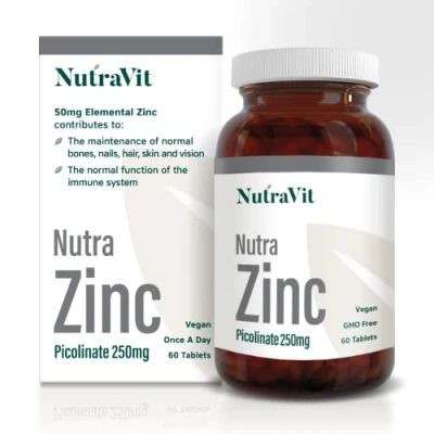 Image of NUTRA Zinc Picolinate 250mg 60 Tablets Elemental 50mg Maintain Normal Bones, Nails, Skin &amp; Vision Easy to Swallow Highly Absorbable Manufactured in a UK MHRA GMP Facility NUTRAVIT