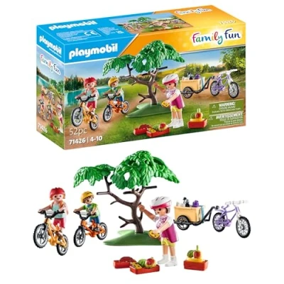 Image of Playmobil 71426 family fun Mountain Bike Tour, camping, trip, with three bikes, helmets, backpack full of snacks and supplies, imaginative role play, playsets suitable for children ages 4+