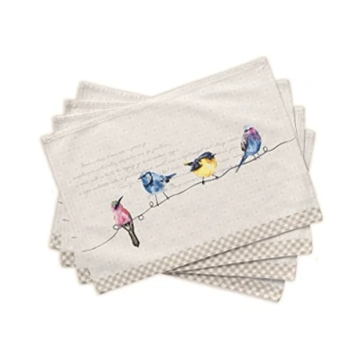 Image of Maison d&#039; Hermine Placemat Set of 4 100% Cotton Cloth Placemats Decorative Washable Easter for Home, Kitchen, Dining, Cocktail Party &amp; Camping, Birdies On Wire Spring/Summer (33cm x 48cm)