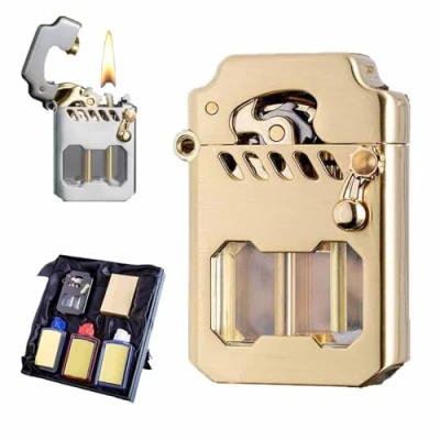 Image of Mecha Metal Rocker Lighter,Retro Transparent Oil Tank Kerosene Windproof Lighter,Mecha Lighter (Gold)