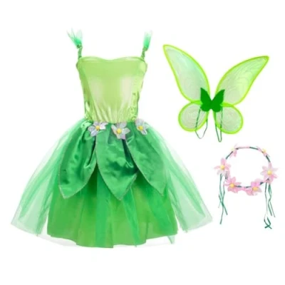 Image of Lito Angels Green Fairy Costume for Girls Kids Fancy Dress Up Birthday Summer Party Outfits with Flower Wreath and Wings Headband Age 5 7 Years, L