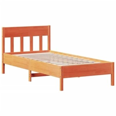 Image of vidaXL Wood Pine Single Bed Frame with Headboard Wax Brown, Solid Construction Plywood Slats, 90x200 cm Mattress Compatibility, for Bedroom