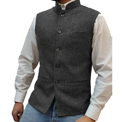 Image of Solovedress Mens Vintage Suit Vest Zhongshan High Collar Tweed Waistcoat for Men Groosmens (Grey,XXXL)