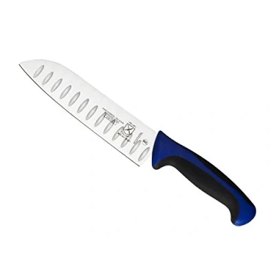 Image of Mercer Culinary Millennia 7 Inch Blue, Stainless Steel, 7&quot; Santoku Knife (Granton Edge)