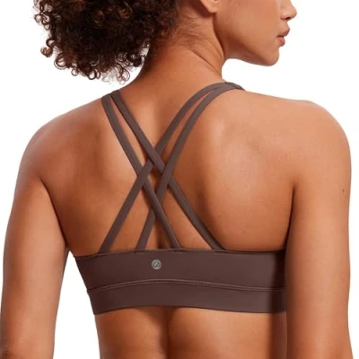Image of CRZ Yoga Women&#039;s Strappy Back Wirefree Padded Workout Sports Bra Taupe L