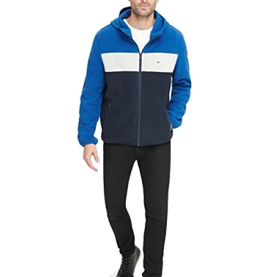 Image of Tommy Hilfiger Men&#039;s Hooded Polar Fleece Jacket, Royal/White/Navy, S