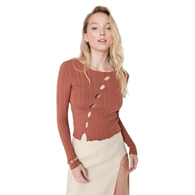 Image of Trendyol Women&#039;s Woman Crop Bodycon Round Collar Knitwear Blouse Shirt, Cinnamon, 42 UK