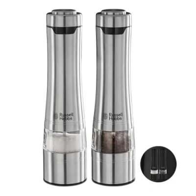 Image of Russell Hobbs Stainless Steel Electric Salt &amp; Pepper Mill Set with adjustable ceramic grinder heads for fine or coarse grinding, Battery operated, Light up during use, One handed operation, 23460 56