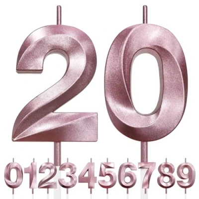 Image of 20th Birthday Candle, 3D Design Rose Gold Glitter Number Candles, Cake Topper Decorations, Candle for Party, Wedding Anniversary, Baby Shower, Party Decoration (Pink Gold)