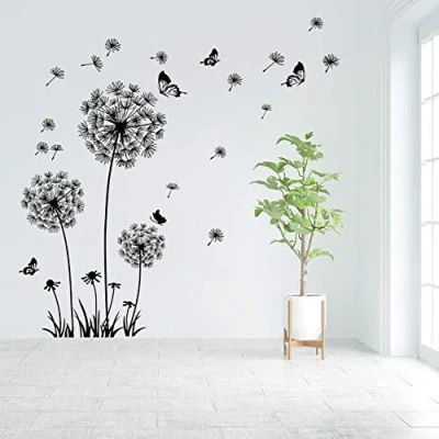 Image of Runtoo Giant Dandelion Wall Decals Flying Flowers Butterflies Stickers Plants Art Living Room Bedroom Decor [Black]