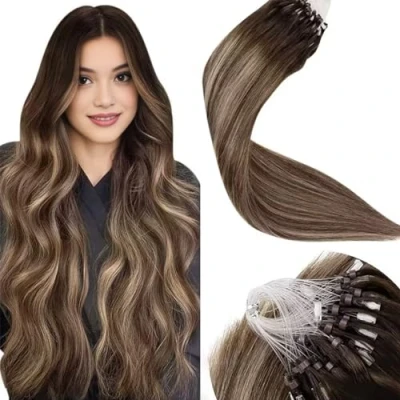 Image of LaaVoo Micro Beads Ring Hair Extensions Balayage Dark Brown to Blonde with Loop 22 Inch 50 Strands 50g Remy Straight Real Human #4/18/4