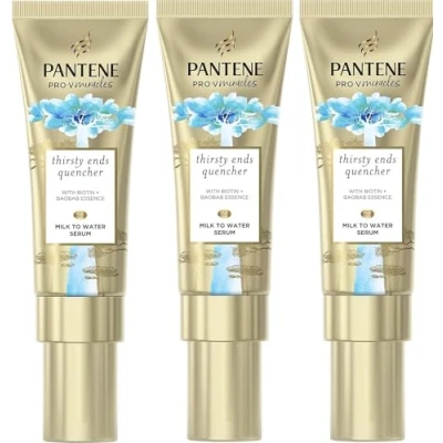 Image of 3x Pantene Pro v Miracles Hydra Day Hair Serum Thirsty Ends Quencher, Milk To Water with Biotin &amp; Baobab Essence, 70ml