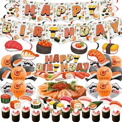 Image of Sushi Party Decorations Japanese Birthday Supplies Includes Happy Banner Cake Topper Cupcake Toppers Balloons for Themed