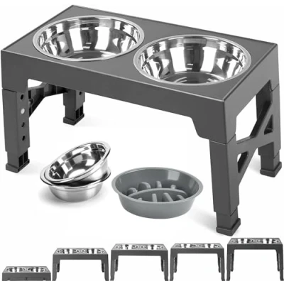 Image of TUAHOO Raised Dog Bowl Height Adjustable, Elevated Bowls with 2x 1200ml Stainless Steel and 800ml Slow Feeder Bowl, Feeding Station for Medium &amp; Large Dogs