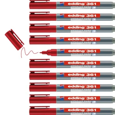 Image of edding 361 whiteboard marker red 10 pens round tip 1 mm pen dry wipe for whiteboards, flipcharts, pinboards, magnetic and memo boards sketchnotes refillable
