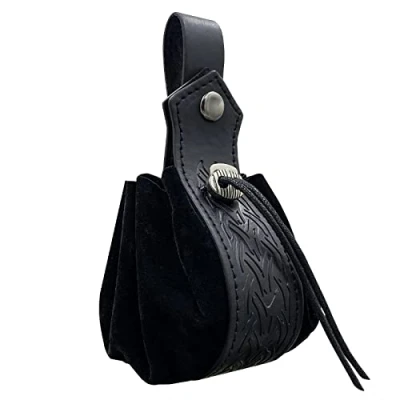 Image of HiiFeuer Medieval Faux Leather Drawstring Pouch, Retro Nordic Portable Coin Purse, Vintage Belt Pouch Dice Bag for LARP Ren Faire(Black B)