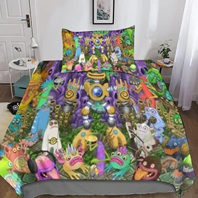 Image of KRIVS My Singing Monsters Duvet Cover Bedding Set,3D with Pillowcases, for Soft Microfiber Quilt Zipper Closure 3 Piece Set Single（135x200cm）