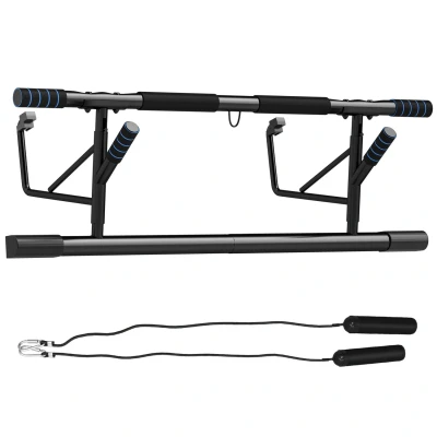 Image of SPORTNOW Pull Up Bar Doorway, No Drilling Chin Push Stand with Resistance Bands and Padded Handles for Home Gym Exercise, Blue