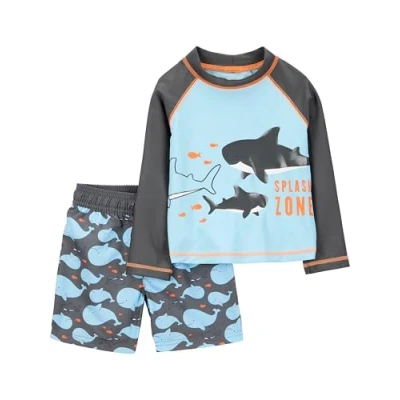 Image of Simple Joys by Carter&#039;s Baby Boys&#039; Swimsuit Trunk and Rashguard Set Rash Guard, Black/Sky Blue Whales, 6 9 Months