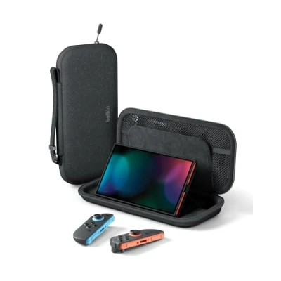 Image of Belkin Gaming Nintendo Switch 2 Case Travel Bag with AirTag Holder &amp; Game Card Storage Pocket Portable Lightweight Carrying Hard Shell Soft Interior, Essentials Charcoal