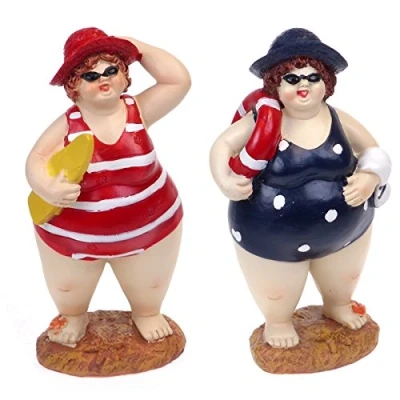 Image of BIG &amp; BEAUTIFUL Pair of Fat Beach Belle Lady Swimmers BATHROOM ORNAMENTS Humorous BATHERS Couple FIGURINES 17cm