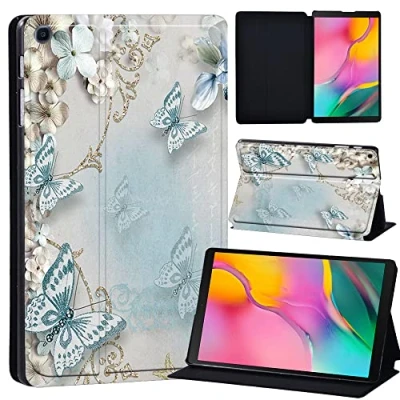 Image of Printed Leather slim lightweight Stand Cover Case for Samsung Galaxy Tab A 10.1 2019 (Model: SM T510 T515), with Function (Black) (whitebutterfly)