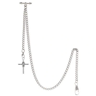 Image of TREEWETO Men&#039;s Albert Chain Pocket Watch Curb Link Key 2 Hooks with Antique Cross Silver Pendant Design Charm Fob T Bar