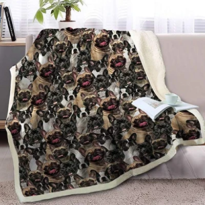 Image of BlessLiving Fuzzy Dogs Blanket For Kids Adults Cute Puppy Fleece Reversible Animal Pattern Sherpa Throw Twin/Double (French Bulldog,150x200cm)