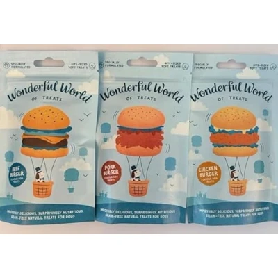 Image of Wonderful World of Treats Burger Variety Pack Beef, Pork, Chicken Dog (3 x 50g Packets)