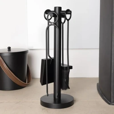 Image of CHARLES BENTLEY Fireplace Companion Set, Snug, Olive, Fireside, Tongs, Poker, Coal Shovel, Natural Coco Fiber Brush, Iron, Tool Stand, Fire Place, Hooped Handles (40x14x14cm)