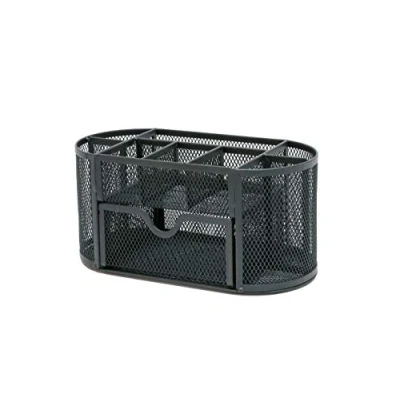 Image of OSCO Graphite Wiremesh Organiser with Drawer Desk Tidy Pen Holder Office Storage Pencil 8 Compartments Stationery Caddy H10.5 x W22 D11 cm