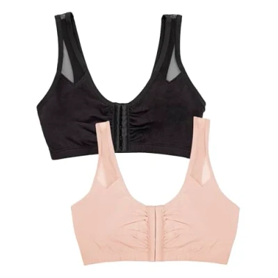 Image of Fruit of the Loom Women&#039;s Comfort Front Close Sport Bra with Mesh Straps, Black Hue/Sand, 40