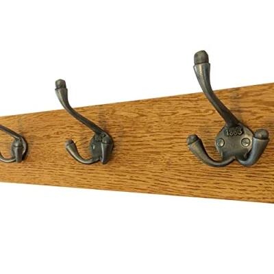 Image of Element Wooden Designs Antique Coat Rack Industrial Triple 1883 Cast Iron Hooks Solid Oak Wood Vintage Wall Mounted (90cm 6 Hooks)