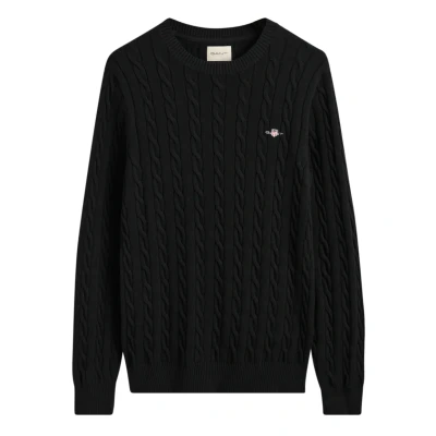 Image of Gant Mens Cotton Cable Knit Crew Neck Jumper Black Size Small