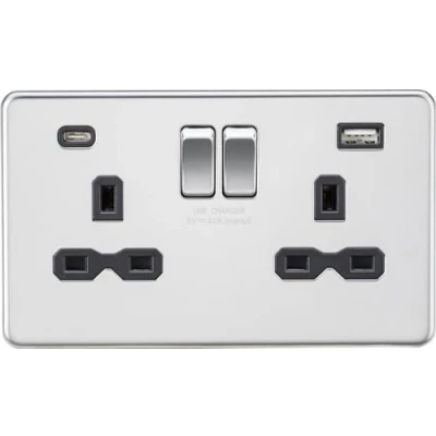 Image of KnightsBridge 13A 2G SP Screwless Switched Socket with Dual USB A+C Polished Chrome, Black Insert