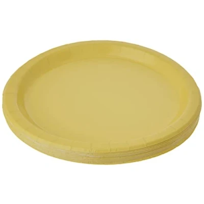 Image of Solid Neon Yellow Round Paper Dinner Plates (22cm) 16 Count Sturdy &amp; Elegant for Parties and Events
