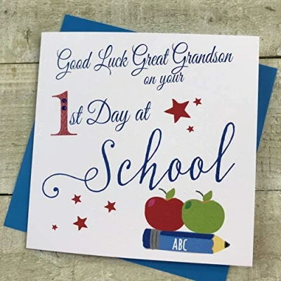 Image of Good Luck Great Grandson on your 1st Day at School Apples Hand finished card by WHITE COTTON CARDS SP110 GGS AP