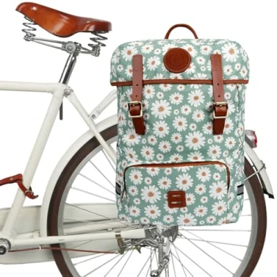 Image of TOURBON Bike Pannier Bag Waterproof Canvas Cycling Laptop Backpack Seat Shoulder for Outdoor Travel School (Flower Pattern)