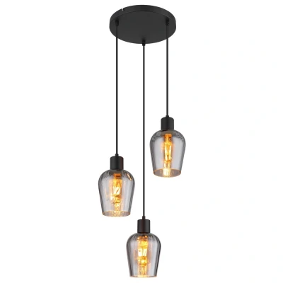 Image of Ryan Cluster Pendant Ceiling Light Matt Black Smoke Glass Shade 3x E27