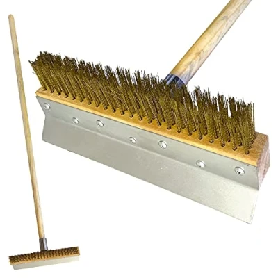 Image of Pizza Oven Brush with Scraper Heavy Duty 30 Long Wooden Handle Barbeque Grill Brush, Accessories for Home Outdoor Kitchen Commercial Cooking Supplies