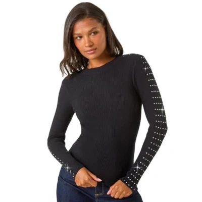 Image of Roman Hotfix Stud Sleeve Jumper for Women UK Ladies Autumn Everyday Winter Holiday Round Neckline Comfy Long Soft Warm Feel Top Office Desk Sweaters Black Size 14