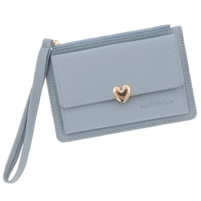 Image of Equilibrium Gold Heart Card Holder Purse with Handle Strap for Cards and Cash Multi Compartment Cream, Black or Pastel Blue Designs (Blue)