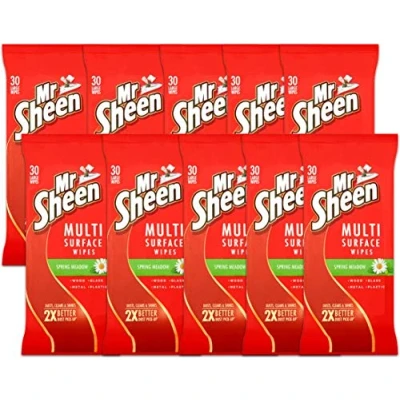 Image of Mr Sheen Multi Surface Wipes, Clean &amp; Dust Wood, Glass Metal Plastic Surfaces, Scent: Spring Meadow, Size: Pack of 10