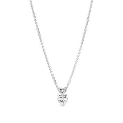 Image of PANDORA Double Heart Pendant Sparkling Collier Necklace Sterling Silver Gift for Her No Box