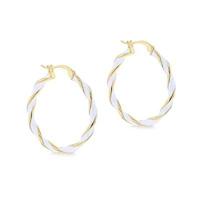 Image of Tuscany Silver Women&#039;s Sterling Yellow Gold Plated 31mm White Enamel Large Twister Hoop Creole Earrings