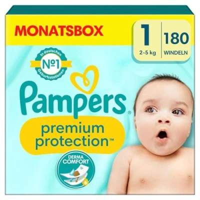 Image of Pampers Baby Nappies Size 1 (2 5 kg) Premium Protection, Newborn, Half Month Box, Best Comfort and Protection for Sensitive Skin, Pack of 180