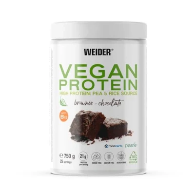 Image of Weider Vegan Protein (750g) Brownie Chocolate Flavour. 23g Protein/dose, Pea Isolate (Pisane) &amp; Rice Protein. With Vitamin B12 Stevia. Gluten Free, Sugar Free. Packaging 50% Recycled 100% Recyclable