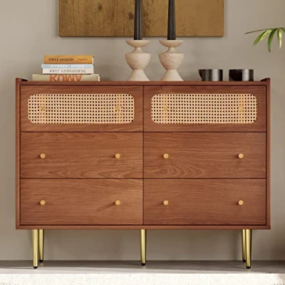 Image of Merax Rattan Sideboard Cabinet Walnut: Elegant 6 Drawer Chest Storage for Living Room Large Wicker Fronted Unit Lounge &amp; Hallway 40D x 120W 90H cm（ Walnut Color）
