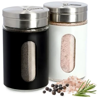 Image of KADAX Salt and Pepper Shakers 90 ml, Stainless Steel Glass Spice Dispensers with Airtight Lids, Refillable Condiment Set for Kitchen (Black White)